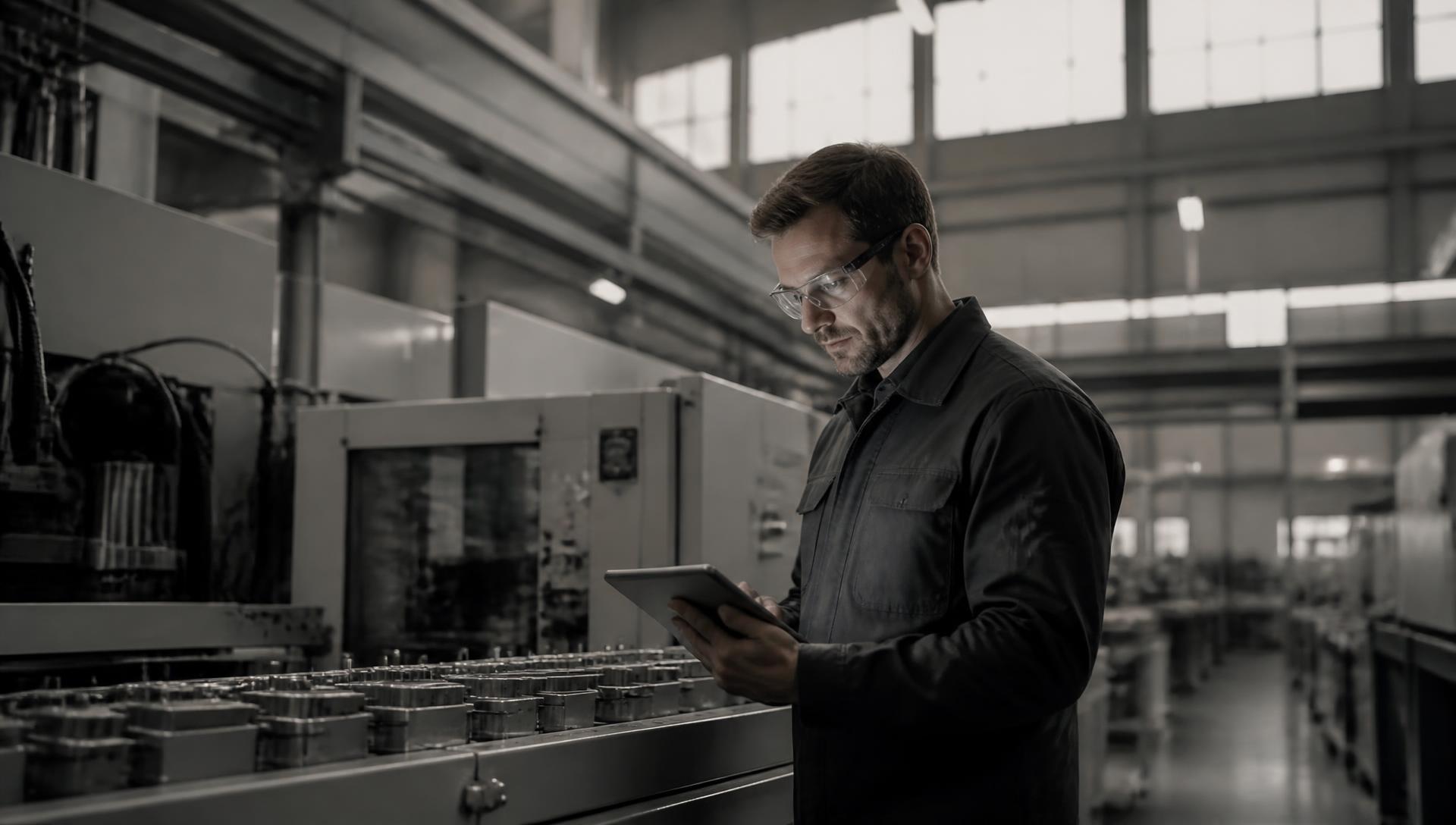 Engineer with a tablet on the production line of an industrial technology manufacturing facility