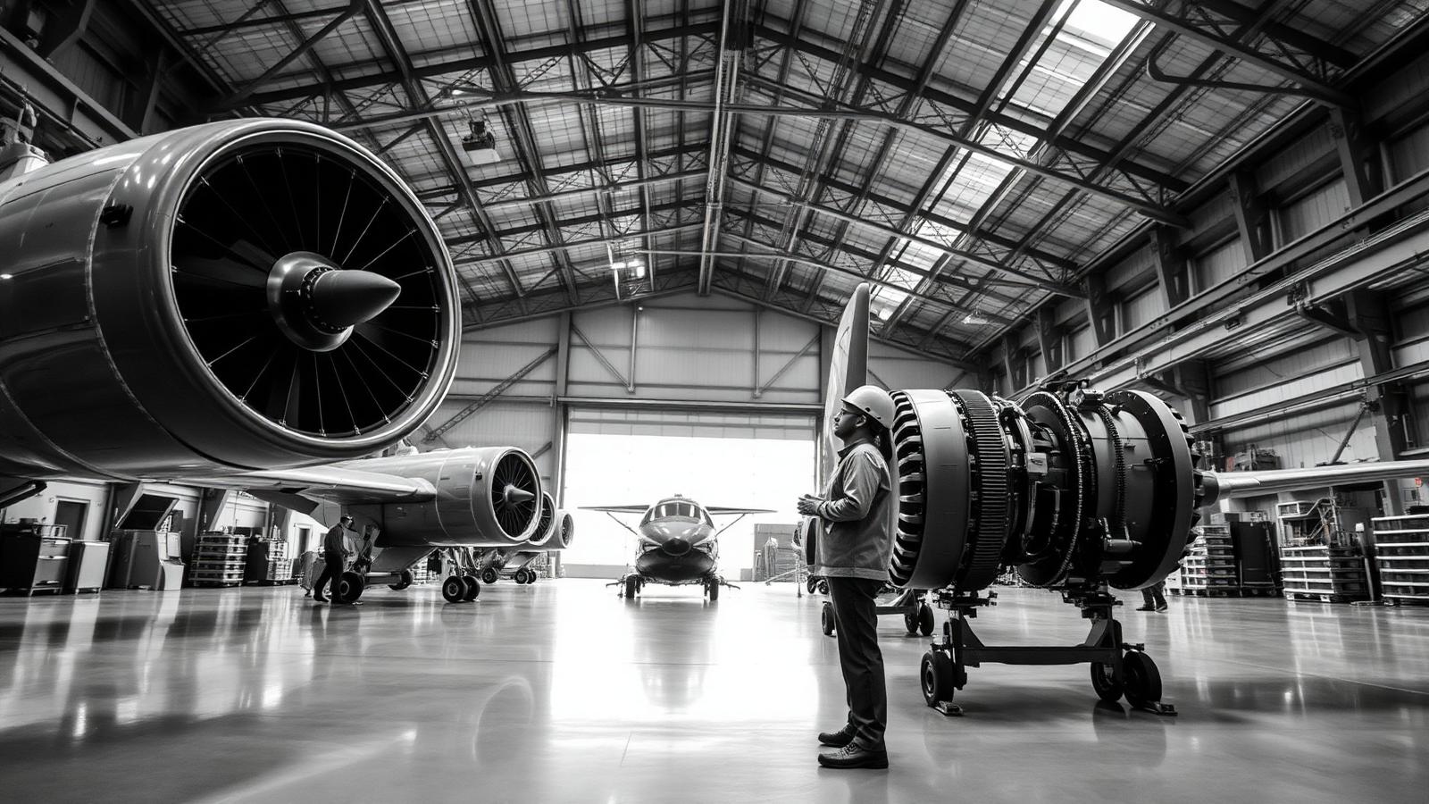 Engineer inspecting a jet engine assembly in an aerospace hangar