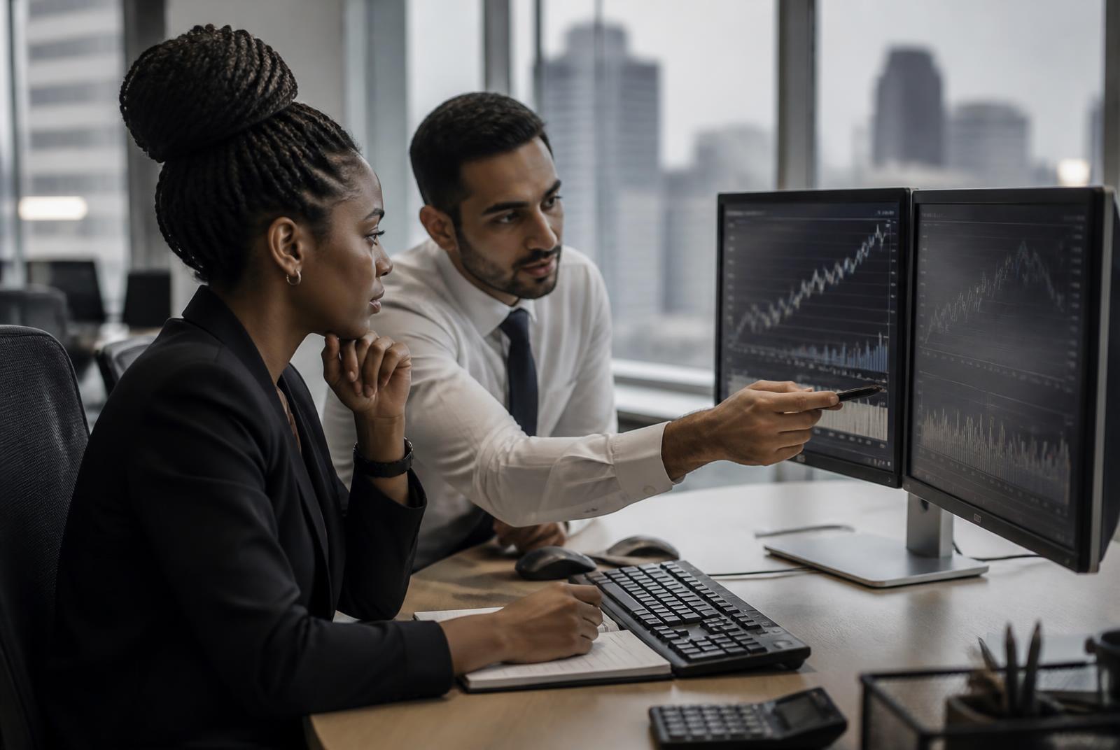 Two analysts reviewing market charts on dual monitors in an investment banking office