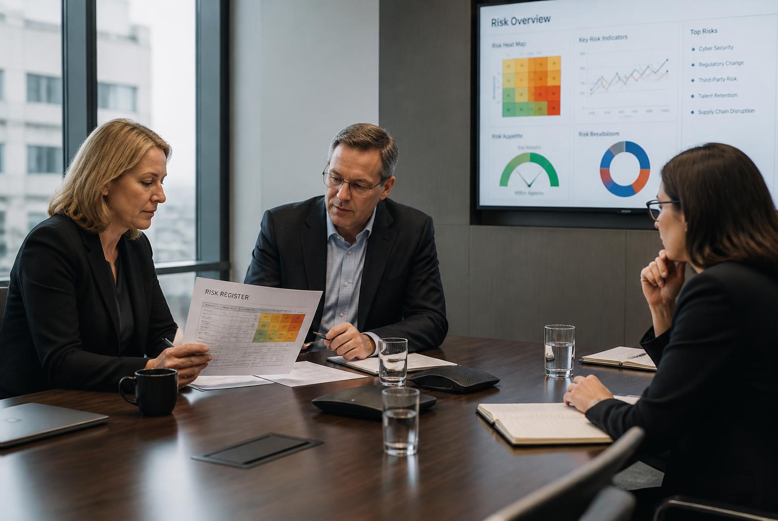 Governance and risk committee reviewing a risk register and control dashboards in a boardroom