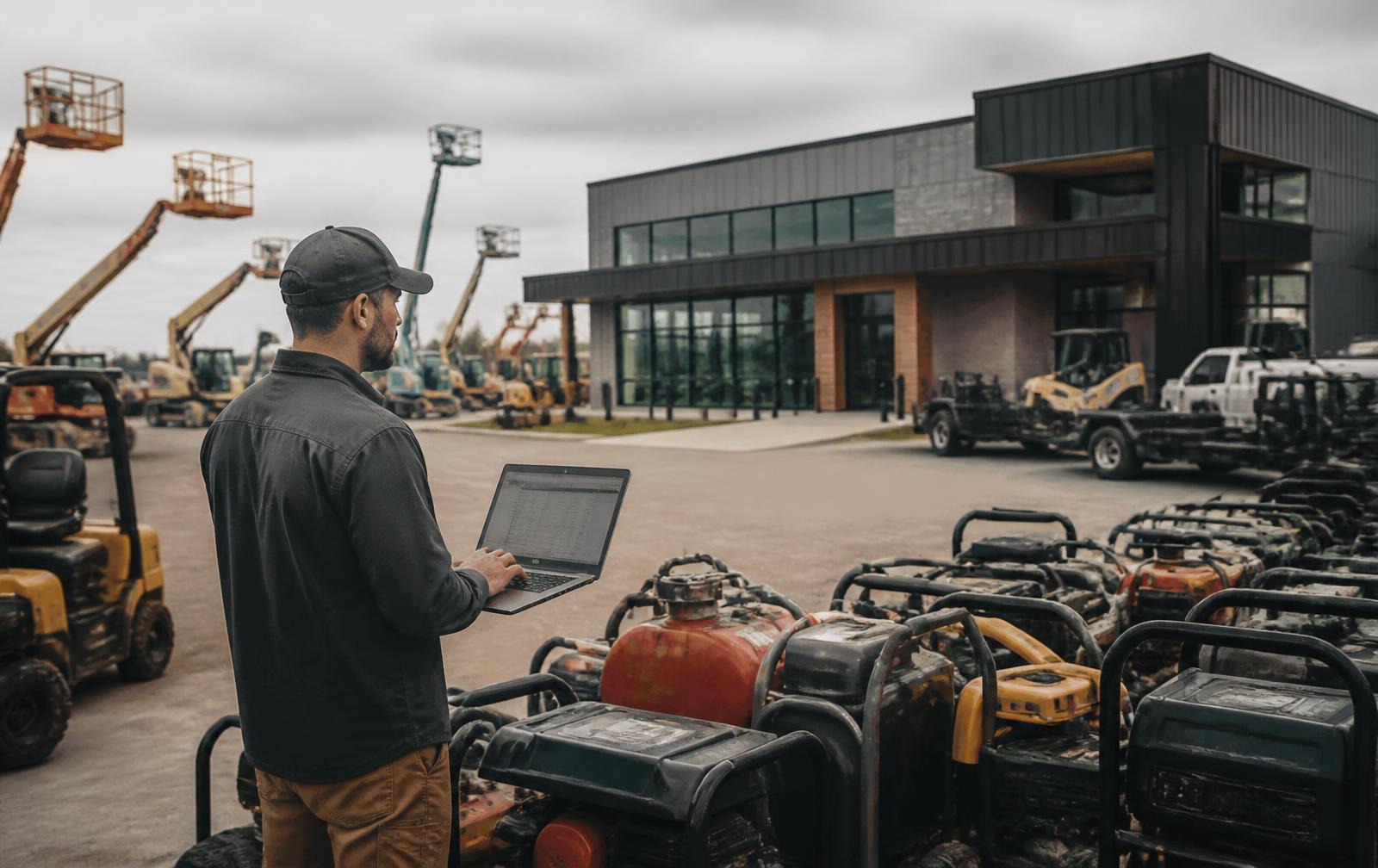Technician reviewing device inventory on a laptop at an equipment rental branch yard