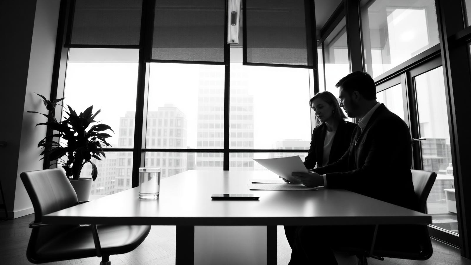 Two colleagues reviewing documents in a professional services meeting room