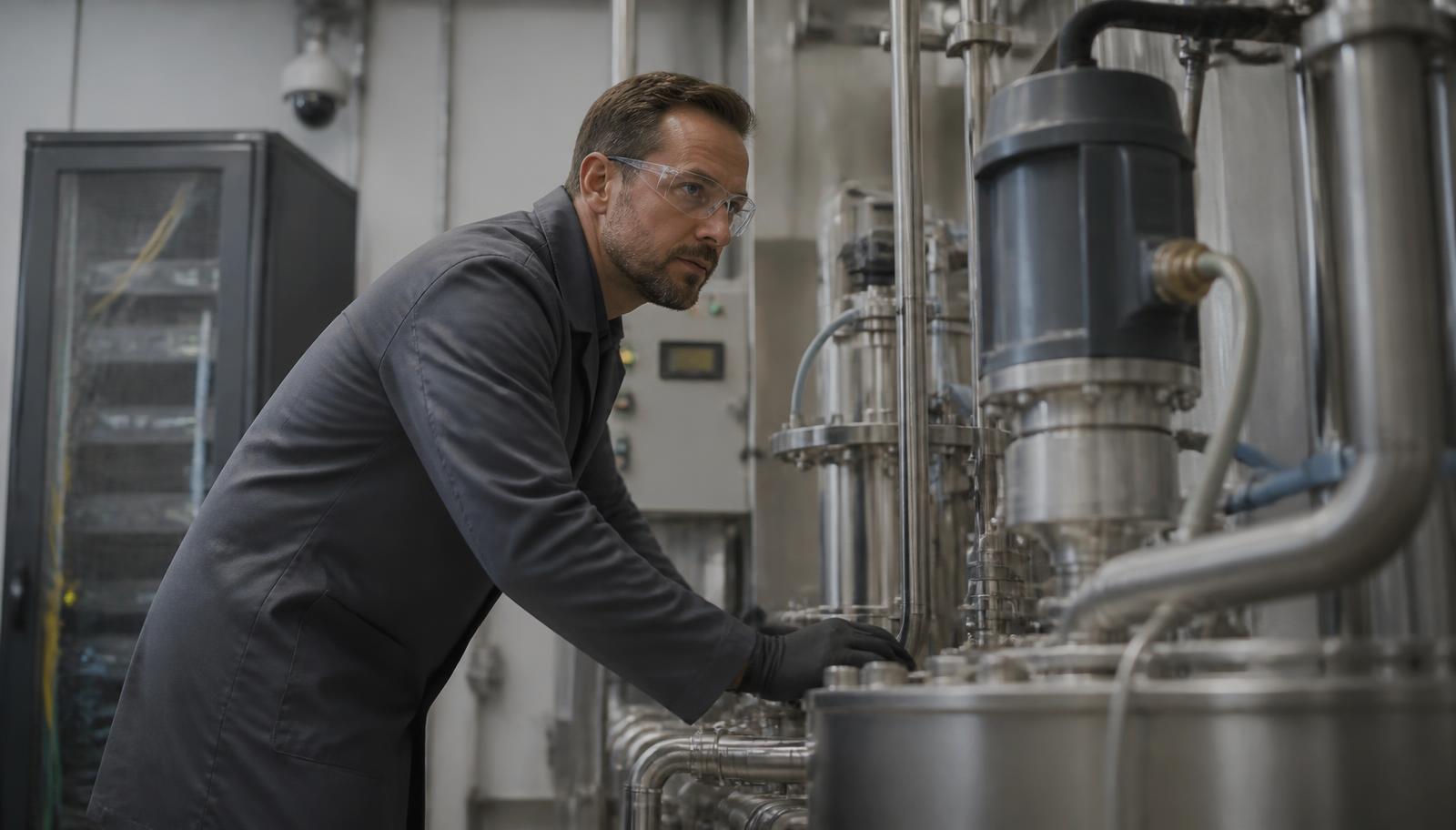 Refinery technician in safety glasses inspecting stainless process equipment beside a network cabinet