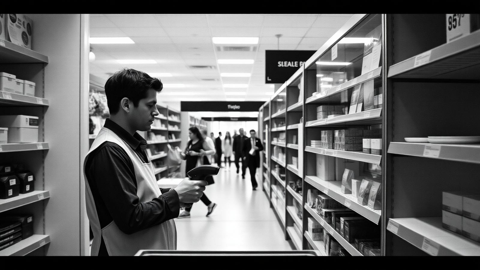 Retail team member using a handheld scanner among store shelving