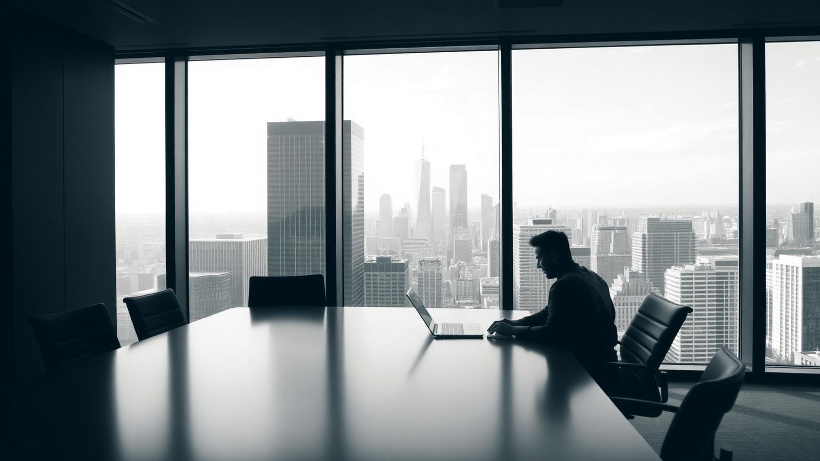 Analyst working in a high-rise advisory boardroom overlooking a US city skyline