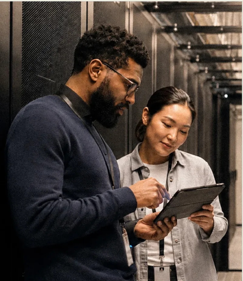 Two Numata colleagues reviewing a tablet in a server room