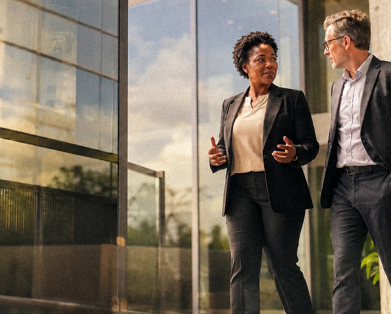Two Numata strategists in conversation outside a client's offices
