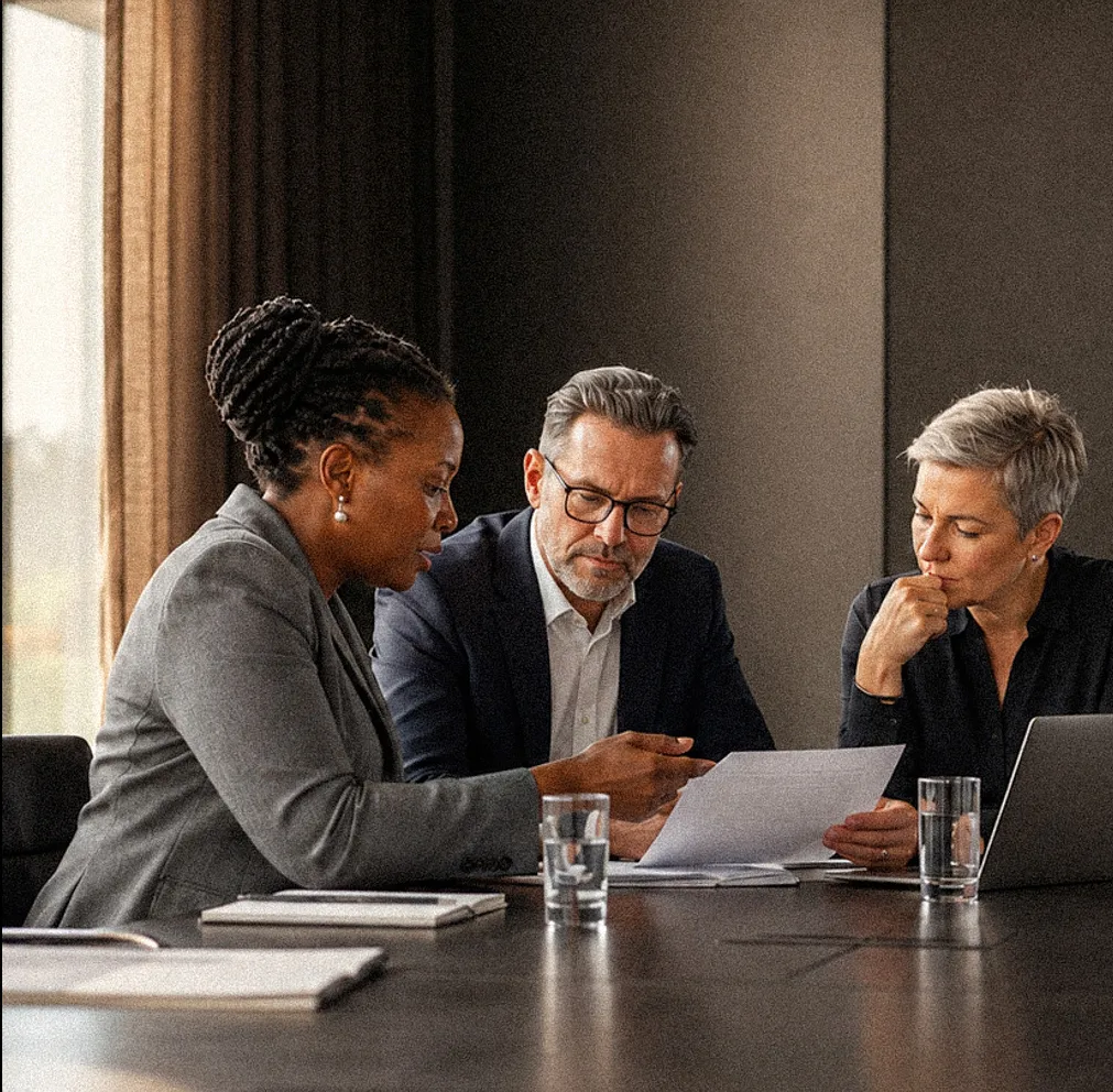 Three executives reviewing the outcome of an engagement around a boardroom table